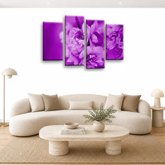LR Floral Rose Wall Art Picture – Purple & Cream Framed 4 Panel Split Canvas Print | Ready to Hang | Modern Wall Art for Living Room, Bedroom & Office