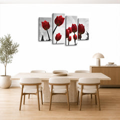 LR Floral Rose Tulip Wall Art Picture – Grey & Red Framed 4 Panel Split Canvas Print | Ready to Hang | Modern Wall Art for Living Room, Bedroom & Office