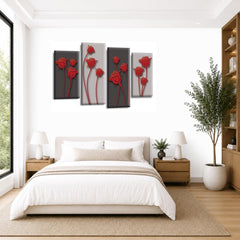 LR Red Floral Rose Wall Art Picture – Grey Framed 4 Panel Split Canvas Print | Ready to Hang | Modern Wall Art for Living Room, Bedroom & Office