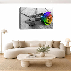 LR Floral Rainbow Rose Wall Art Picture – Grey, White Framed Canvas Print | Ready to Hang | Modern Wall Art for Living Room, Bedroom & Office