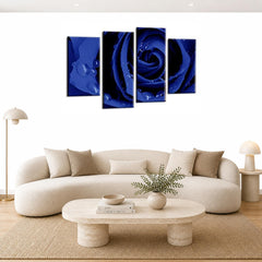 LR Floral Grey Rose Wall Art Picture – Blue Framed 4 Panel Split Canvas Print | Ready to Hang | Modern Wall Art for Living Room, Bedroom & Office