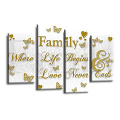 LR Family Quote Wall Art Picture – Grey, Gold & White Love Framed 4 Panel Split Canvas Print | Ready to Hang | Modern Wall Art for Living Room, Bedroom & Office