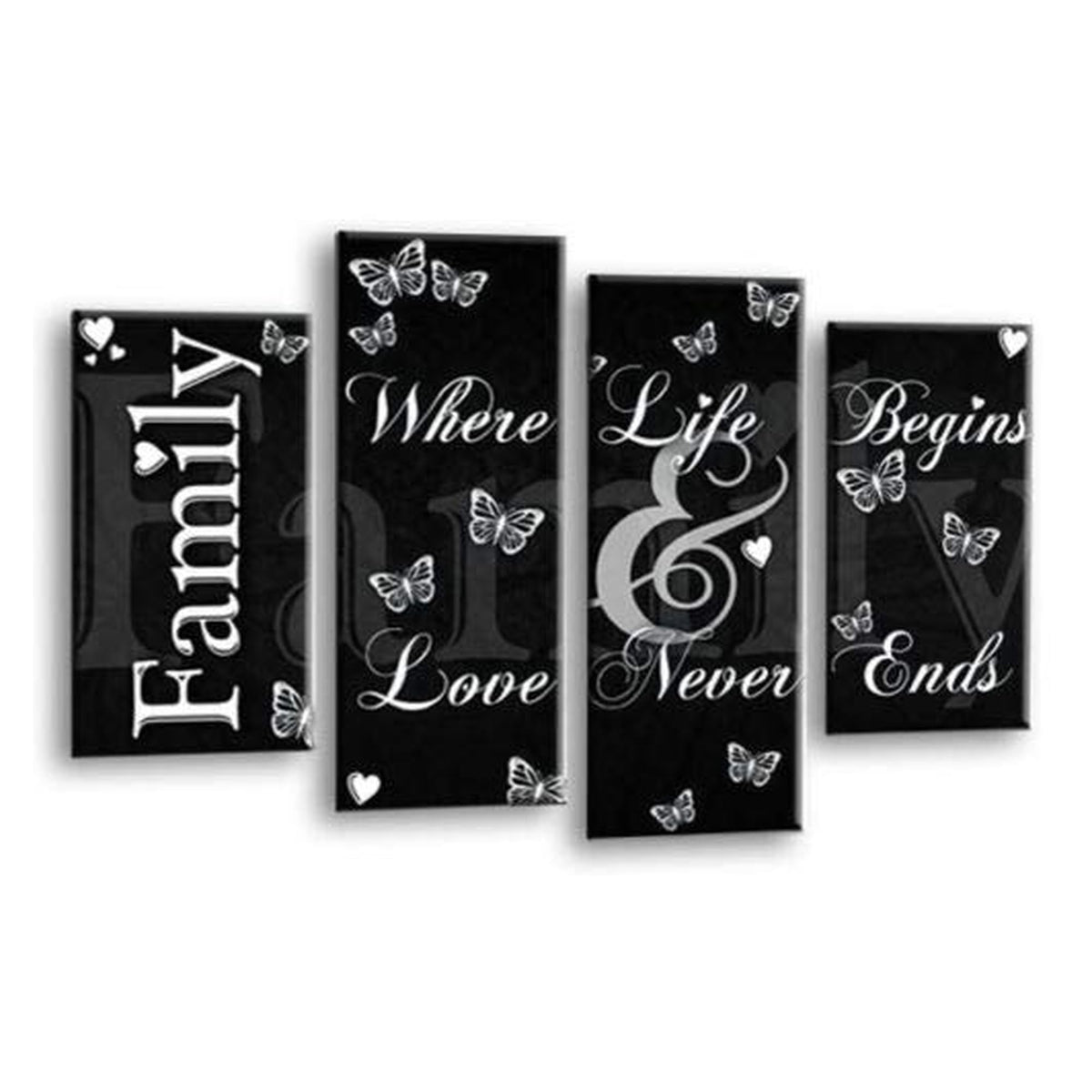LR Family Love Quote Wall Art Picture – Black & White Framed 4 Panel Split Canvas Print | Ready to Hang | Modern Wall Art for Living Room, Bedroom & Office