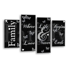 LR Family Love Quote Wall Art Picture – Black & White Framed 4 Panel Split Canvas Print | Ready to Hang | Modern Wall Art for Living Room, Bedroom & Office