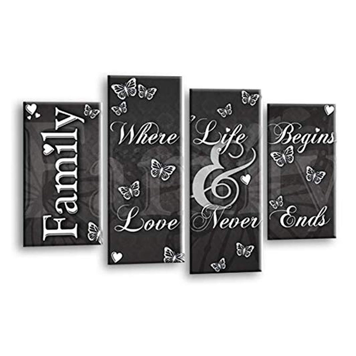 LR Family Love Quote Wall Art Picture – Grey & White Framed 4 Panel Split Canvas Print | Ready to Hang | Modern Wall Art for Living Room, Bedroom & Office