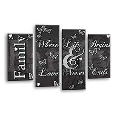 LR Family Love Quote Wall Art Picture – Grey & White Framed 4 Panel Split Canvas Print | Ready to Hang | Modern Wall Art for Living Room, Bedroom & Office