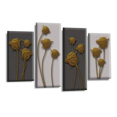 LR Gold Floral Rose Wall Art Picture – Grey Framed 4 Panel Split Canvas Print | Ready to Hang | Modern Wall Art for Living Room, Bedroom & Office