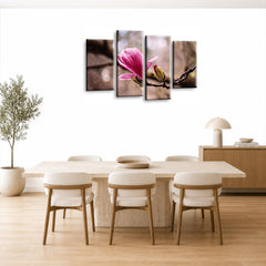 LR Floral Rose Wall Art Picture – Grey & Pink Framed 4 Panel Split Canvas Print | Ready to Hang | Modern Wall Art for Living Room, Bedroom & Office