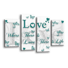 LR Love Quote Wall Art Picture – Grey, Teal & White Framed 4 Panel Split Canvas Print | Ready to Hang | Modern Wall Art for Living Room, Bedroom & Office