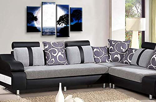 LR Landscape Canvas Wall Art Picture Black White Blue Big Moon Lake Floral Framed Split Panel Canvas Print