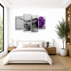 LR Floral Purple Rose Wall Art Picture – Grey Framed 4 Panel Split Canvas Print | Ready to Hang | Modern Wall Art for Living Room, Bedroom & Office