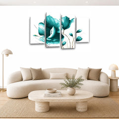 LR Floral Teal Rose Wall Art Picture – White Framed 4 Panel Split Canvas Print | Ready to Hang | Modern Wall Art for Living Room, Bedroom & Office