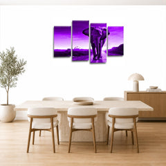 LR Elephant Sunset Wall Art Picture – Purple & Grey African Framed 4 Panel Split Canvas Print | Ready to Hang | Modern Wall Art for Living Room, Bedroom & Office