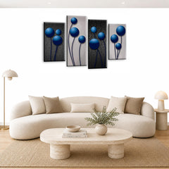 LR Blue Floral Rose Wall Art Picture – Grey Framed 4 Panel Split Canvas Print | Ready to Hang | Modern Wall Art for Living Room, Bedroom & Office