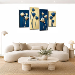 LR Floral Rose Wall Art Picture – Blue & Cream Framed 4 Panel Split Canvas Print | Ready to Hang | Modern Wall Art for Living Room, Bedroom & Office