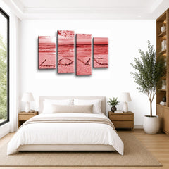 LR Love Beach Wall Art Picture – Grey & Red Sunset Seascape Framed 4 Panel Split Canvas Print | Ready to Hang | Modern Wall Art for Living Room, Bedroom & Office