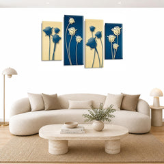 LR Floral Rose Wall Art Picture – Blue & Cream Framed 4 Panel Split Canvas Print | Ready to Hang | Modern Wall Art for Living Room, Bedroom & Office