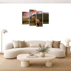LR Scottish Highland Stag Wall Art Picture – Grey, Green & Brown Framed 4 Panel Split Canvas Print | Ready to Hang | Modern Wall Art for Living Room, Bedroom & Office