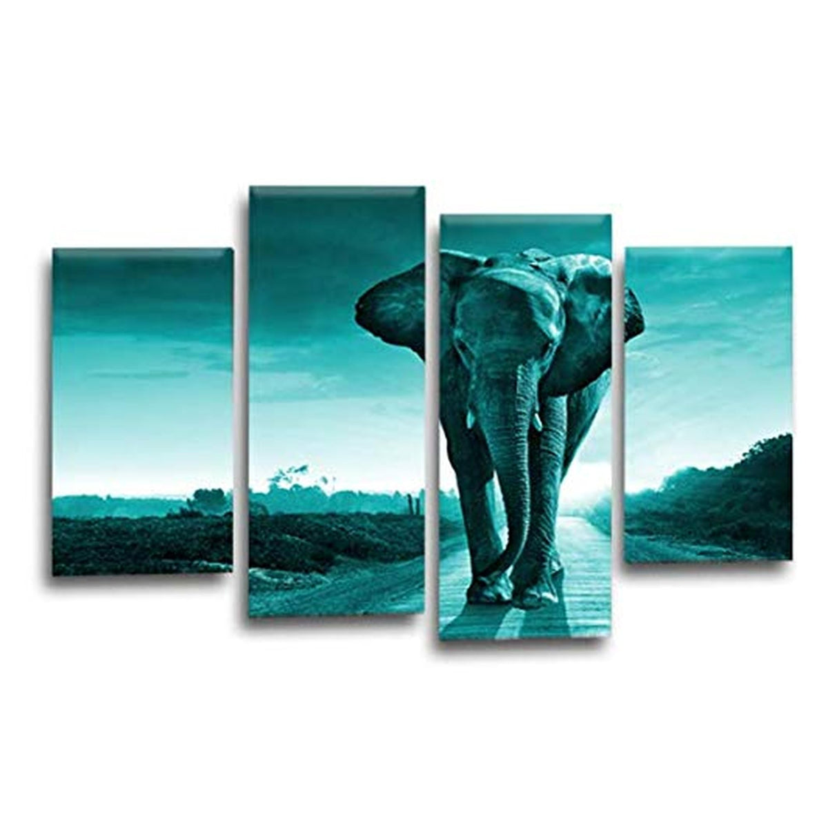 LR Sunset Elephant Wall Art Picture – Grey, Teal & Black African Framed 4 Panel Split Canvas Print | Ready to Hang | Modern Wall Art for Living Room, Bedroom & Office