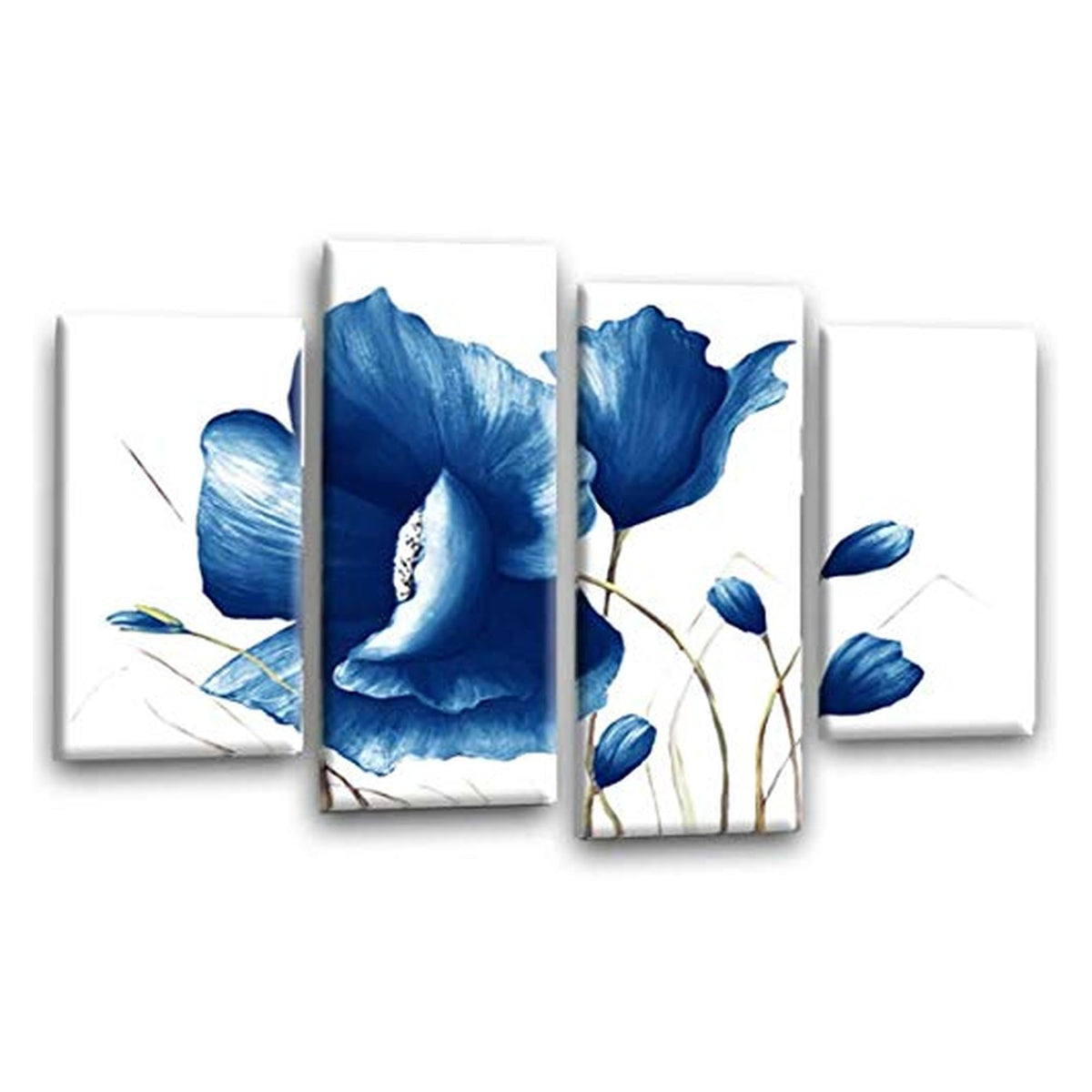 LR Blue Floral Wall Art Picture Framed 4 Panel Split Canvas Print | Ready to Hang | Modern Wall Art for Living Room, Bedroom & Office