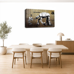 LR Framed Banksy Star Wars Wall Art Picture – Grey & White Graffiti Art Framed Canvas Print | Ready to Hang | Modern Wall Art for Living Room, Bedroom & Office