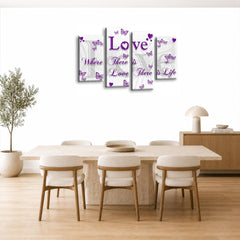 LR Love Wall Art Picture – Purple & White Family Quote Framed 4 Panel Split Canvas Print | Ready to Hang | Modern Wall Art for Living Room, Bedroom & Office