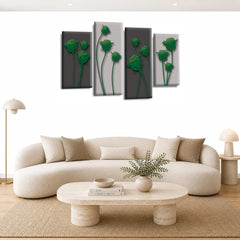 LR Green Floral Rose Wall Art Picture – Grey Framed 4 Panel Split Canvas Print | Ready to Hang | Modern Wall Art for Living Room, Bedroom & Office