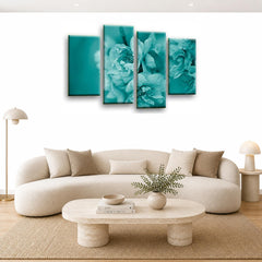 LR Floral Rose Wall Art Picture – Teal & Cream Framed 4 Panel Split Canvas Print | Ready to Hang | Modern Wall Art for Living Room, Bedroom & Office