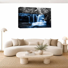 LR Blue Waterfall Wall Art Picture – Grey & White Forest Framed Canvas Print | Ready to Hang | Modern Wall Art for Living Room, Bedroom & Office