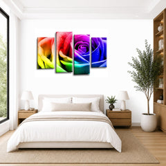 LR Wall Art Floral Rainbow Rose Artwork Set of 4 Wall Art Picture Framed 4 Panel Split Canvas Print | Ready to Hang | Modern Wall Art for Living Room, Bedroom & Office
