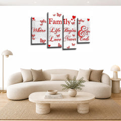 LR Family Love Quote Wall Art Picture – Red & White Framed 4 Panel Split Canvas Print | Ready to Hang | Modern Wall Art for Living Room, Bedroom & Office