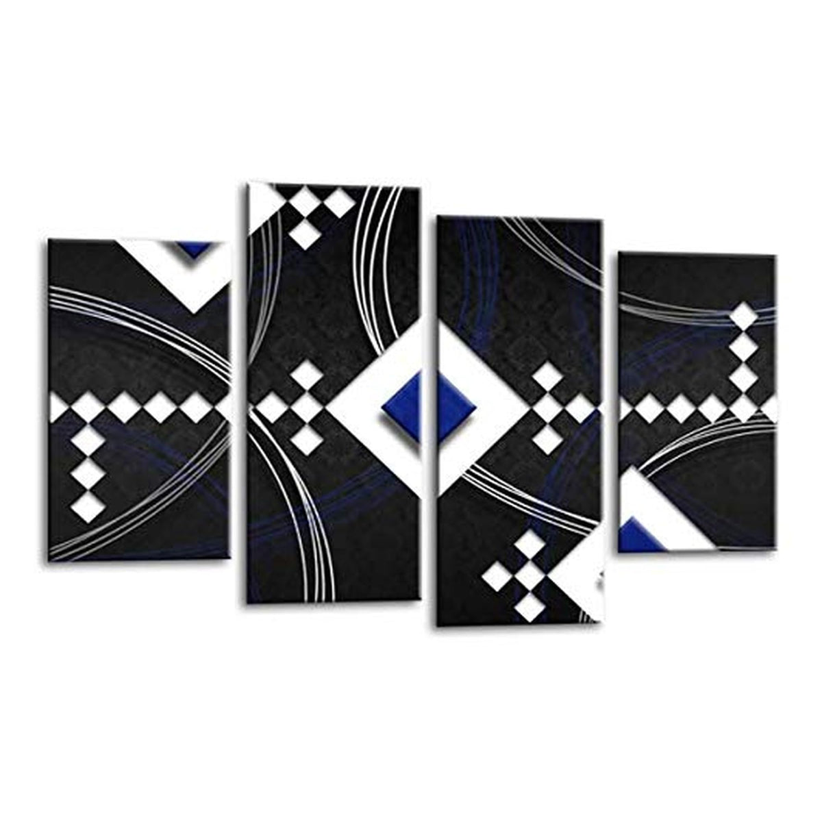LR Abstract Wall Art Picture – Blue, Black & White Modern Framed 4 Panel Split Canvas Print | Ready to Hang | Modern Wall Art for Living Room, Bedroom & Office