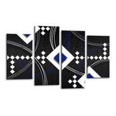 LR Abstract Wall Art Picture – Blue, Black & White Modern Framed 4 Panel Split Canvas Print | Ready to Hang | Modern Wall Art for Living Room, Bedroom & Office