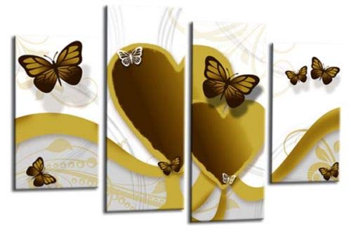 LR Butterfly Heart Wall Art Picture – White & Mustard Floral Abstract Framed 4 Panel Split Canvas Print | Ready to Hang | Modern Wall Art for Living Room, Bedroom & Office