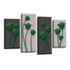LR Green Floral Rose Wall Art Picture – Grey Framed 4 Panel Split Canvas Print | Ready to Hang | Modern Wall Art for Living Room, Bedroom & Office