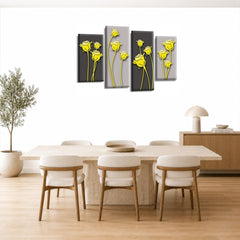 LR Floral Rose Wall Art Picture – Grey & Yellow Framed 4 Panel Split Canvas Print | Ready to Hang | Modern Wall Art for Living Room, Bedroom & Office