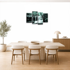 LR Waterfall Forest Wall Art Picture – Grey, White & Duck Egg Framed 4 Panel Split Canvas Print | Ready to Hang | Modern Wall Art for Living Room, Bedroom & Office