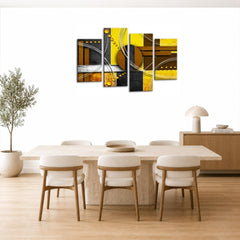 LR Abstract Wall Art Picture – Grey, Yellow & White Modern Framed 4 Panel Split Canvas Print | Ready to Hang | Modern Wall Art for Living Room, Bedroom & Office