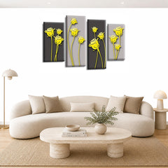 LR Floral Rose Wall Art Picture – Grey & Yellow Framed 4 Panel Split Canvas Print | Ready to Hang | Modern Wall Art for Living Room, Bedroom & Office