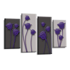 LR Purple Floral Rose Wall Art Picture – Grey Framed 4 Panel Split Canvas Print | Ready to Hang | Modern Wall Art for Living Room, Bedroom & Office