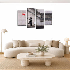 LR Banksy Wall Art Picture – Grey & Red Graffiti Art Framed 4 Panel Split Canvas Print | Ready to Hang | Modern Wall Art for Living Room, Bedroom & Office