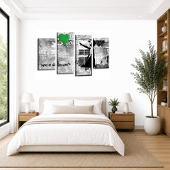 LR Banksy Wall Art Picture – Grey & Green Graffiti Art Framed 4 Panel Split Canvas Print | Ready to Hang | Modern Wall Art for Living Room, Bedroom & Office