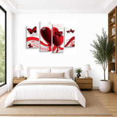 LR Butterfly Heart Wall Art Picture – Red & White Floral Abstract Framed 4 Panel Split Canvas Print | Ready to Hang | Modern Wall Art for Living Room, Bedroom & Office