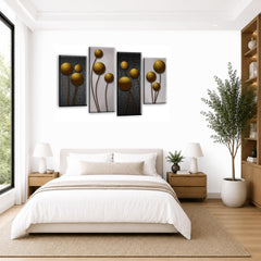 LR Gold Floral Rose Wall Art Picture – Grey Framed 4 Panel Split Canvas Print | Ready to Hang | Modern Wall Art for Living Room, Bedroom & Office