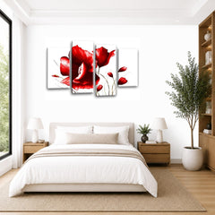 LR Floral Wall Art Picture – Red & White Framed 4 Panel Split Canvas Print | Ready to Hang | Modern Wall Art for Living Room, Bedroom & Office