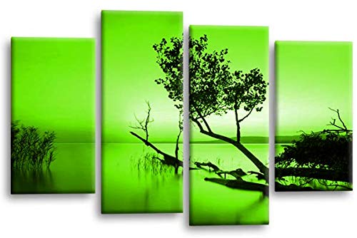 LR Sunset Landscape Lake Wall Art Picture – Green & Brown Floral Framed 4 Panel Split Canvas Print | Ready to Hang | Modern Wall Art for Living Room, Bedroom & Office