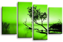 LR Sunset Landscape Lake Wall Art Picture – Green & Brown Floral Framed 4 Panel Split Canvas Print | Ready to Hang | Modern Wall Art for Living Room, Bedroom & Office