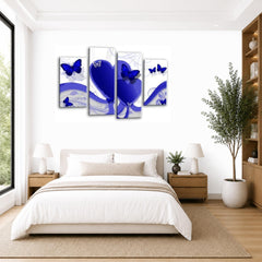 LR Butterfly Heart Wall Art Picture – Blue & White Floral Abstract Framed 4 Panel Split Canvas Print | Ready to Hang | Modern Wall Art for Living Room, Bedroom & Office