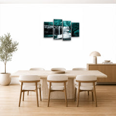 LR Waterfall Forest Wall Art Picture – Grey, Teal & Black Framed 4 Panel Split Canvas Print | Ready to Hang | Modern Wall Art for Living Room, Bedroom & Office