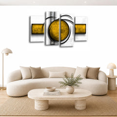 LR Abstract Wall Art Picture – Yellow & White Modern Framed 4 Panel Split Canvas Print | Ready to Hang | Modern Wall Art for Living Room, Bedroom & Office